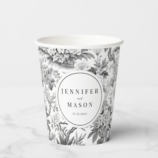 Delicate zwart wit bloemenbruiloft papieren bekers (Achterkant)
