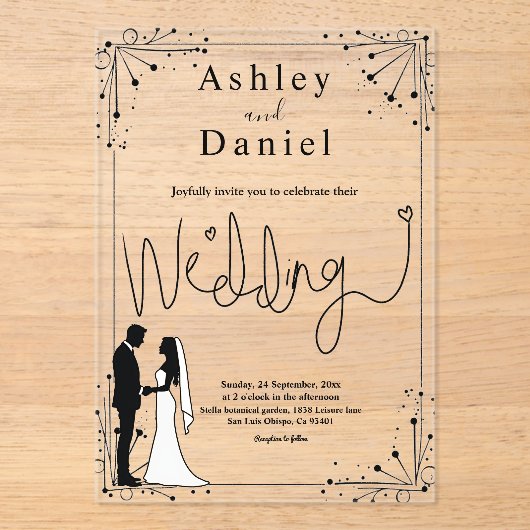 Delicate zwart-wit romantische paar bruiloft acryl uitnodigingen (Voorkant)