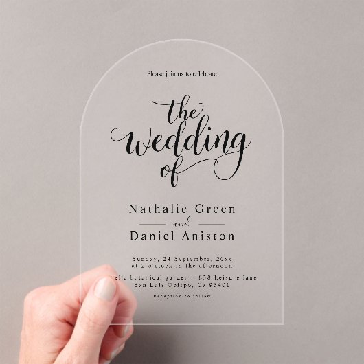 Delicate zwart-wit script Eenvoudige bruiloft Acryl Uitnodigingen (Insitu (Draagbaar))