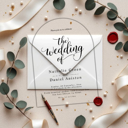 Delicate zwart-wit script Eenvoudige bruiloft Acryl Uitnodigingen