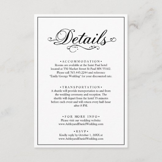 Delicate zwart-wit script Eenvoudige bruiloft Informatiekaartje (Voorkant)