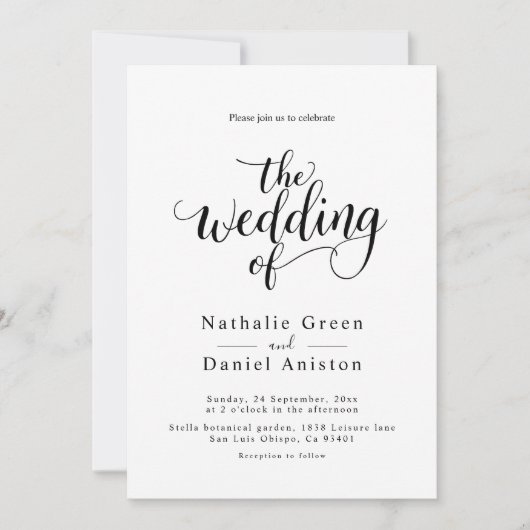 Delicate zwart-wit script Eenvoudige bruiloft Kaart (Voorkant)