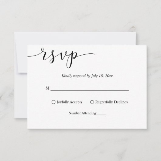 Delicate zwart-wit script Eenvoudige bruiloft RSVP Kaartje (Voorkant)