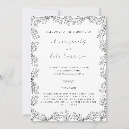 Delicate Zwart Witte Bloem Voor- en Achterkant Tro Kaart (Voorkant)