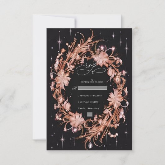 Delicate zwarte bloemen bruiloft RSVP kaartje (Voorkant)