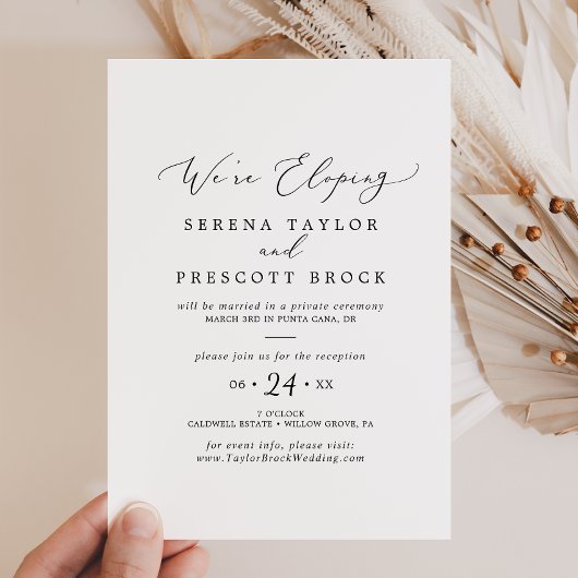 Delicate Zwarte Calligraphy Elopement Ontvangst Kaart