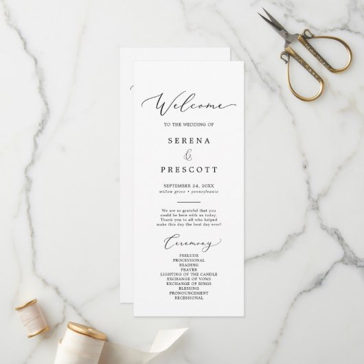 Delicate zwarte kalligrafie Ampersand Wedding Programmakaart (Voorkant / Achterkant in situ)