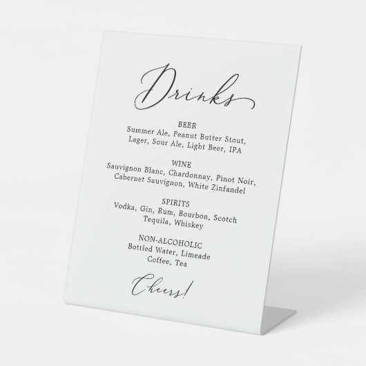 Delicate zwarte kalligrafie bruiloft Drink Menu Reclamebord Met Voetstuk (Voorkant)