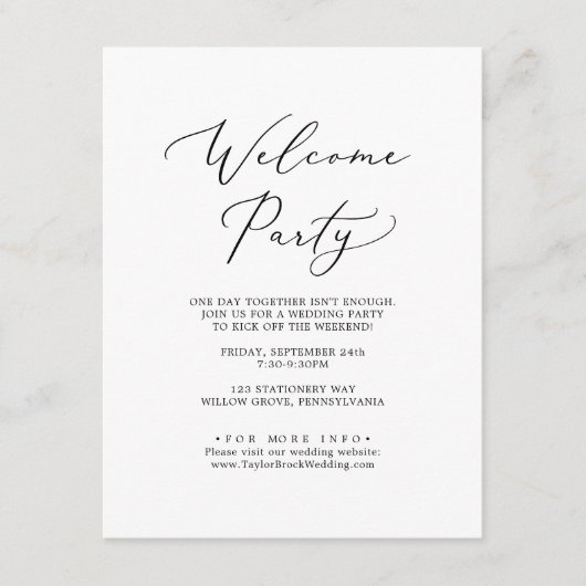 Delicate zwarte kalligrafie bruiloft welkomstfeest informatiekaartje (Voorkant)