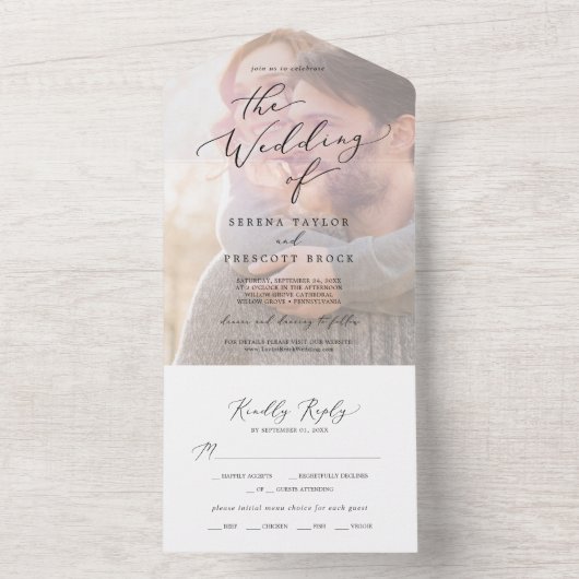 Delicate zwarte kalligrafie | Fotobruiloft All In One Uitnodiging (Binnen)