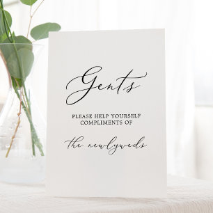 Delicate zwarte kalligrafie heren badkamer reclamebord met voetstuk