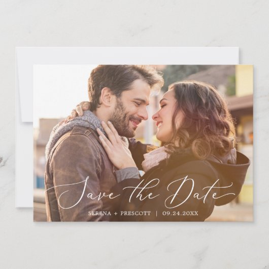 Delicate zwarte kalligrafie Horizontale donkere fo Save The Date (Voorkant)