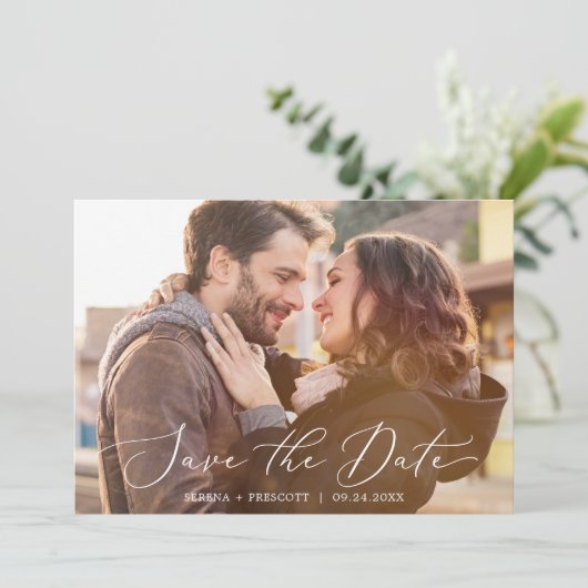 Delicate zwarte kalligrafie Horizontale donkere fo Save The Date (Staand voorkant)