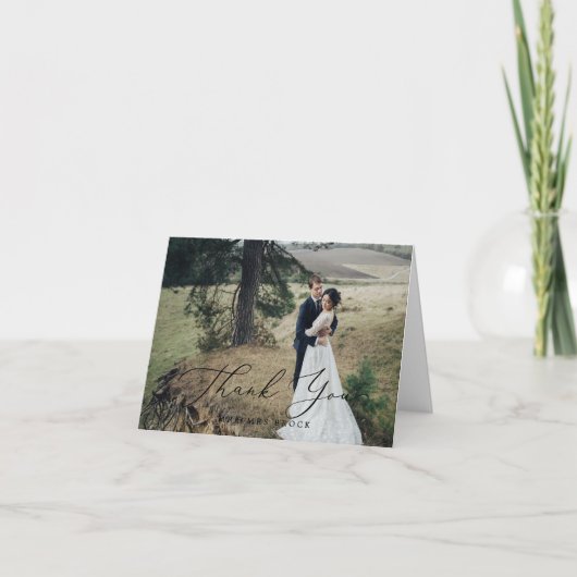 Delicate zwarte kalligrafie lichte foto bedankkaart (Voorkant)