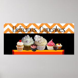 DELICIEUZE CUPCAKE DESERT SHOP ORANJE WHITE CHEVRO POSTER