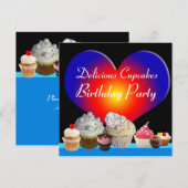DELICIEUZE CUPCAKES BIRTHDAY PARTIJ blauw rood har Kaart (Voorkant / Achterkant)