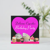 DELICIEUZE CUPCAKES BIRTHDAY PARTIJ roze zwart Kaart (Staand voorkant)