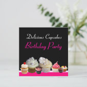 DELICIEUZE CUPCAKES BIRTHDAY PARTIJ roze zwart Kaart (Staand voorkant)