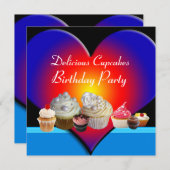 DELICIEUZE CUPCAKES BIRTHDAY PARTY Blue Red Heart Kaart (Voorkant / Achterkant)