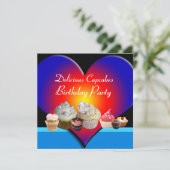 DELICIEUZE CUPCAKES BIRTHDAY PARTY Blue Red Heart Kaart (Staand voorkant)