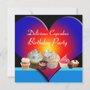 DELICIEUZE CUPCAKES BIRTHDAY PARTY Blue Red Heart Kaart