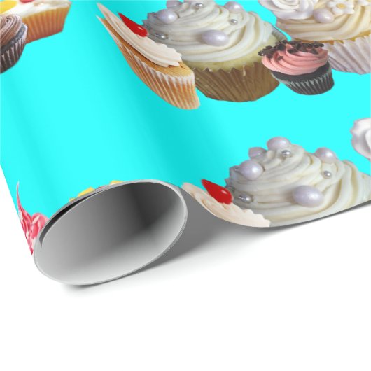 DELICIEUZE CUPCAKES DESERT SHOP, Blauwgroen blauw  Cadeaupapier (Rol Hoek)