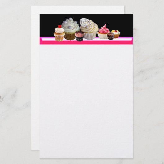 DELICIEUZE CUPCAKES DESERT SHOP, Pink, Fuchsia Whi Briefpapier (Voorkant / Achterkant)