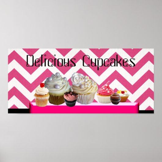 DELICIEUZE CUPCAKES DESERT SHOP/PINK WHITE CHEVRON POSTER (Voorkant)