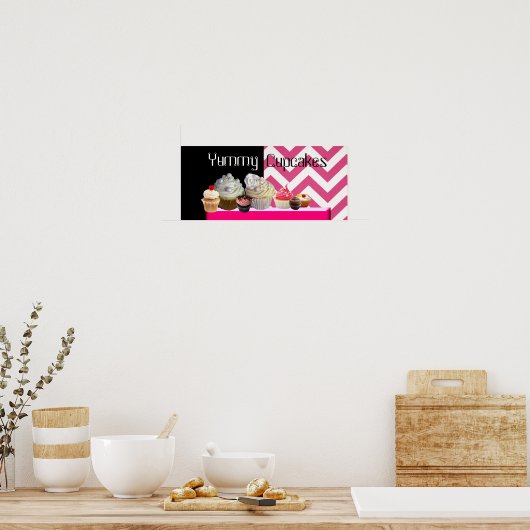 DELICIEUZE CUPCAKES DESERT SHOP/PINK WHITE CHEVRON POSTER (Keuken)