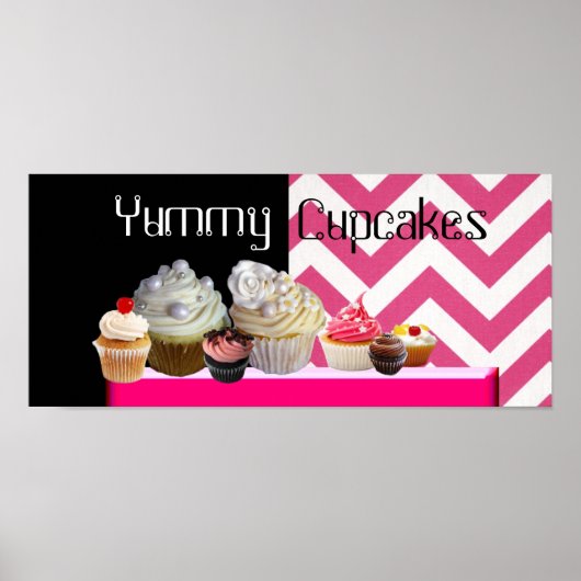 DELICIEUZE CUPCAKES DESERT SHOP/PINK WHITE CHEVRON POSTER (Voorkant)