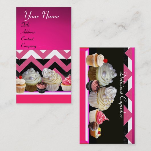 DELICIEUZE CUPCAKES DESERT SHOP PINK WHITE CHEVRON VISITEKAARTJE (Voorkant / Achterkant)
