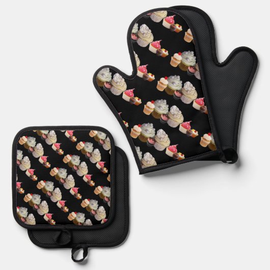 DELICIEUZE CUPCAKES DESERT SHOP, Roze Black Fuchsi Ovenwant & Pannenlap Set (Voorkant / Achterkant)