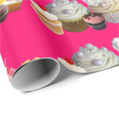 DELICIEUZE CUPCAKES DESERT SHOP, Roze Fuchsia Whit Cadeaupapier (Rol Hoek)