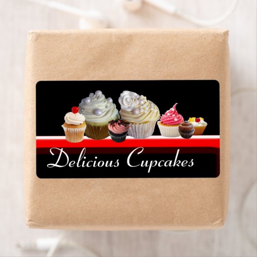 DELICIEUZE CUPCAKES DESERT SHOP, Roze zwart rood Etiket (Insitu)