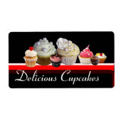 DELICIEUZE CUPCAKES DESERT SHOP, Roze zwart rood Etiket (Voorkant)