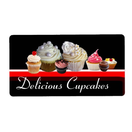 DELICIEUZE CUPCAKES DESERT SHOP, Roze zwart rood Etiket (Voorkant)