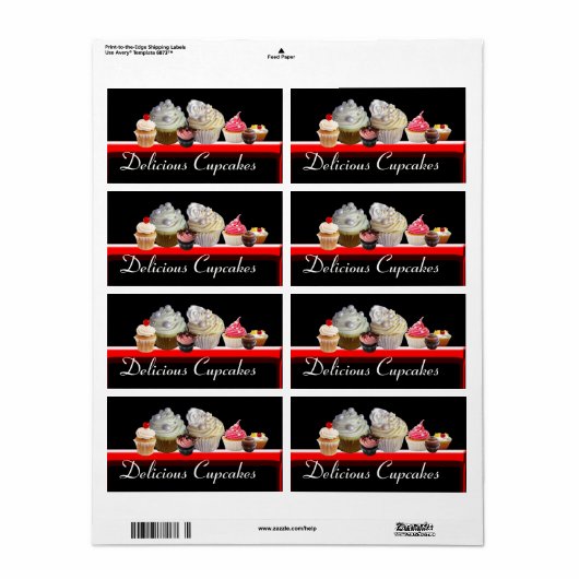 DELICIEUZE CUPCAKES DESERT SHOP, Roze zwart rood Etiket (Full Sheet)