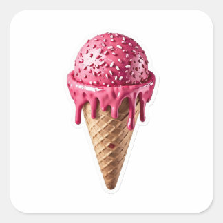 Delicious 3D Pink Strawberry Ice Cream Cone Sticke Vierkante Sticker