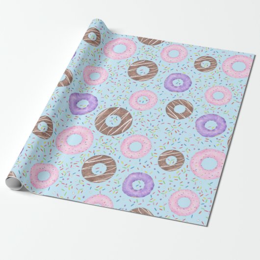 Delicious Donuts Wrapping Paper on Blue Cadeaupapier (Uitgerold)