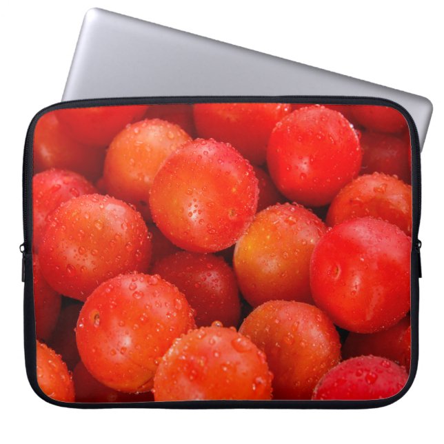 Delicious red cherry-plumbackground, bowl, cherry; laptop sleeve (Voorkant)
