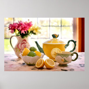 Delicious Tea Party roze Flowers and Lemon Drink Poster