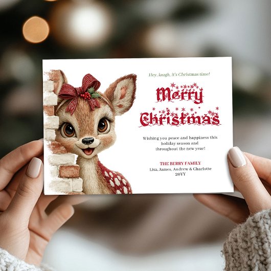 Delightful Christmas baby fawn peeking greeting  Feestdagenkaart