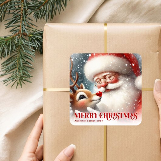 Delightful Personalized Santa and Rudolph Holiday  Vierkante Sticker
