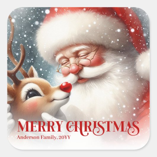 Delightful Personalized Santa and Rudolph Holiday Vierkante Sticker (Voorkant)