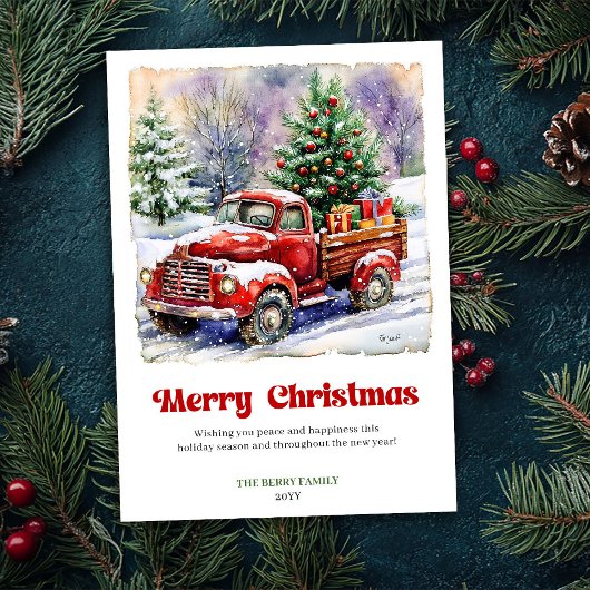 Delightful Rustic Red Truck Winter Scene Holiday  Feestdagenkaart