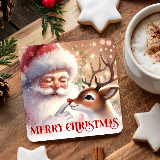 Delightful Santa and Rudolph Christmas Paper Kartonnen Onderzetters