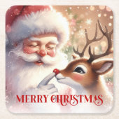 Delightful Santa and Rudolph Christmas Paper Kartonnen Onderzetters (Voorkant)