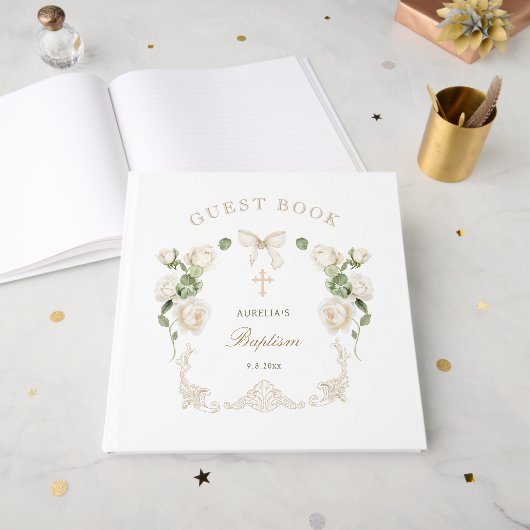 Deliicate Ivoor Rozen Kader Doop Gastenboek (Voorkant open)