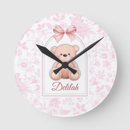 Delilah | Aangepaste Roze Teddybeer Nursery Design Ronde Klok (Voorkant)