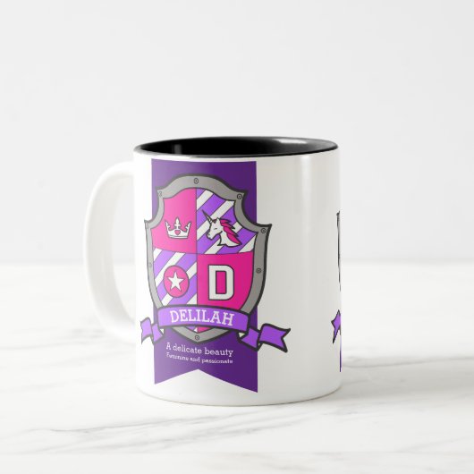 Delilah letter D crest roze unicorn naam Tweekleurige Koffiemok (Voorkant links)